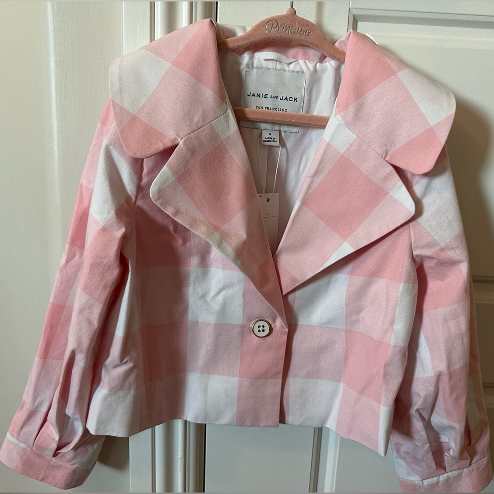 Janie and Jack girls white and pink checkered blazer. Size: 6. NWT.